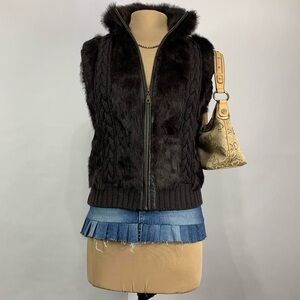 Vintage Rabbit Fur & Leather Trim Knit Vest